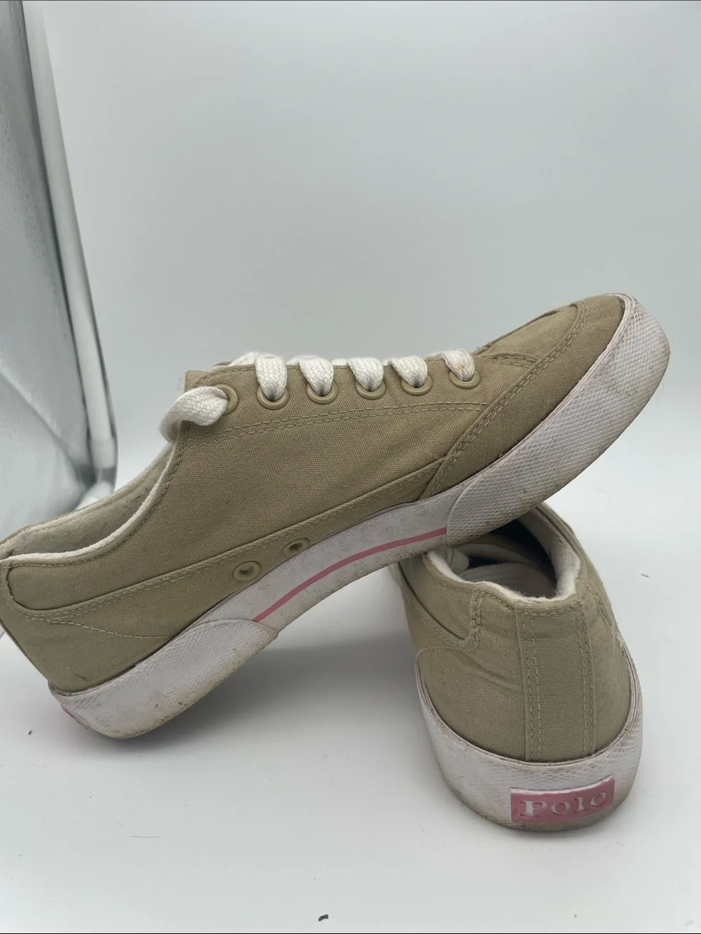 Polo by Ralph Lauren Tan Canvas Low-Top Sneakers with Pink Pony